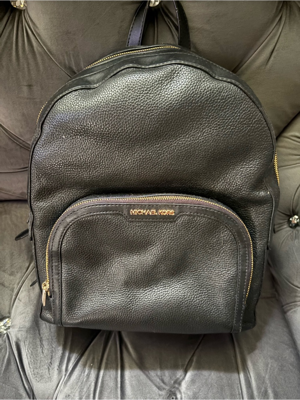 Michael Kors Black Pebbled Leather Backpack with Gold Hardware